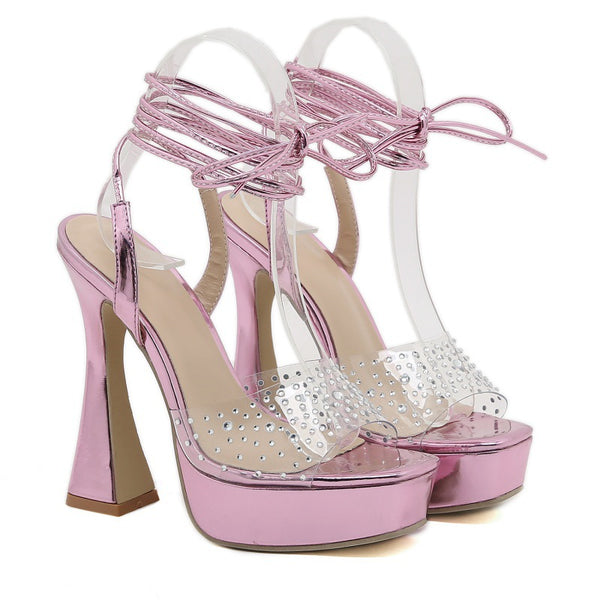 Trendy European and American Clear Rhinestone Strappy Chunky Heel Sandals