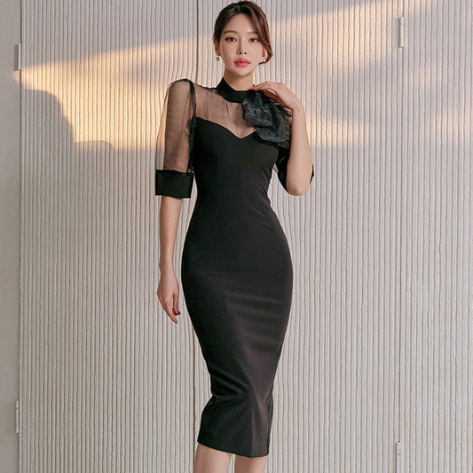 Sheer Black Mesh Bow Slim-fit Dress