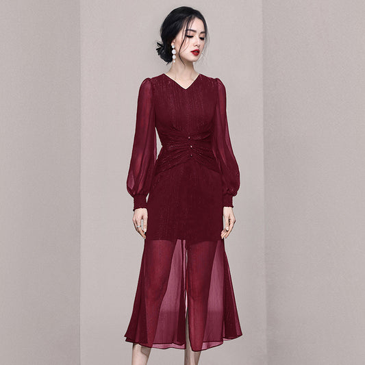 Vintage V-Neck Lantern Sleeve Chiffon Mermaid Dress