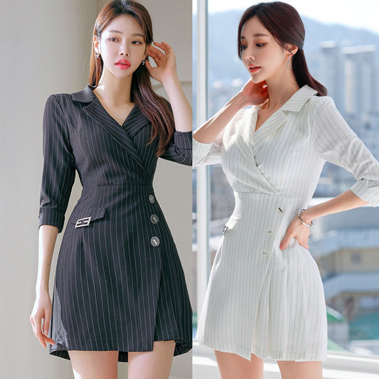 Suit Collar and Striped Waist-Tie Shirt Dress

