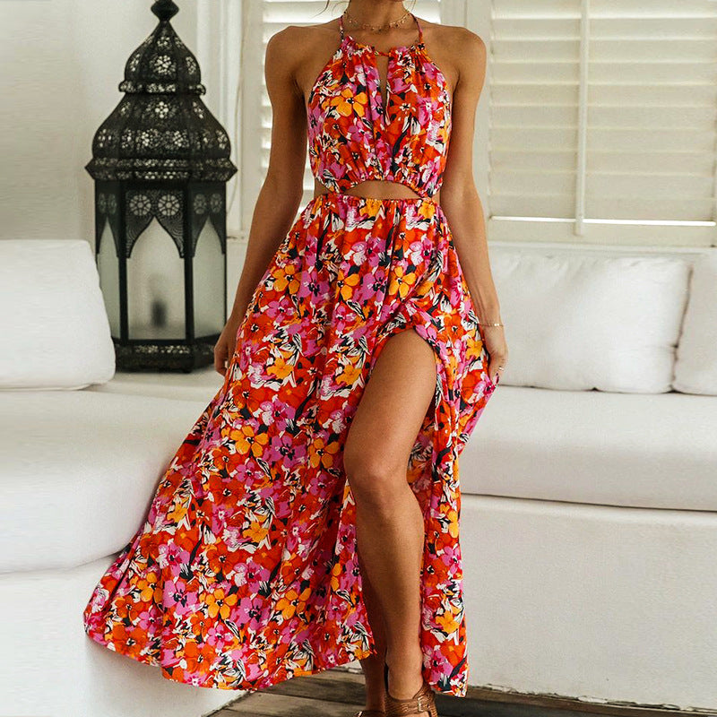 Fashionable Drawstring Hollowed-out Floral Side Slit Maxi Dress