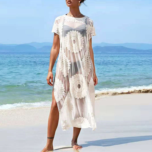 Sunflower Embroidered High-Slit Short-Sleeve Sun Protection Maxi Dress