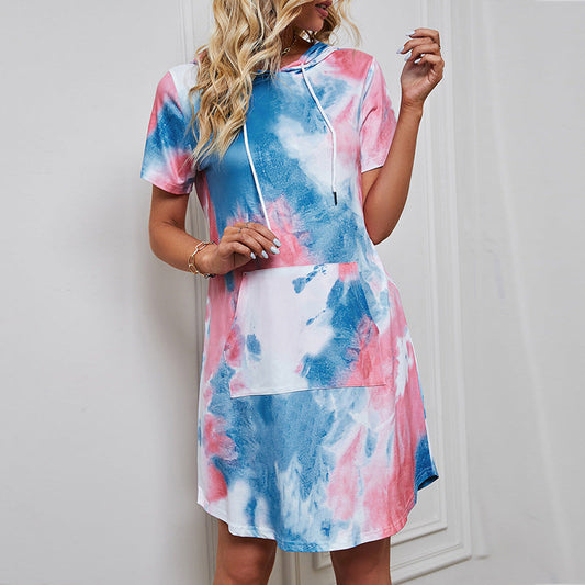 Fashionable Loose-Fitting Tie-Dye Short-Sleeved Round Neck Dress