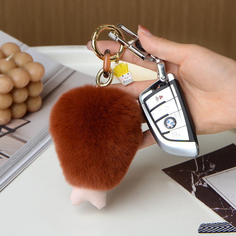 Genuine Rex Rabbit Fur Chicken Leg Keychain Pendant Birthday Gift Accessory