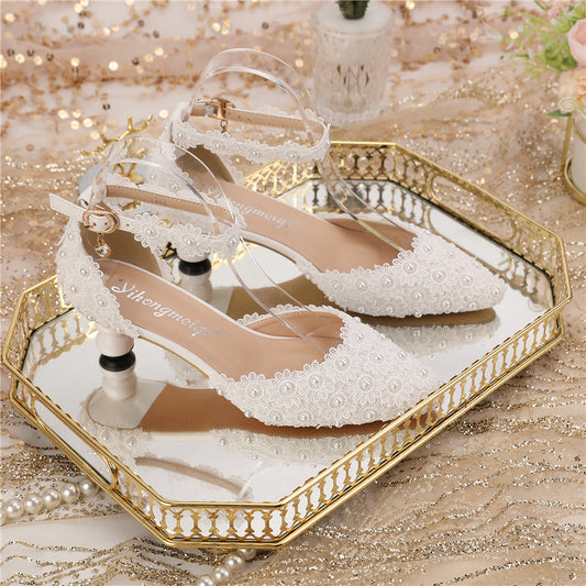 New Arrival White Lace Pearl Pointed Toe Wedding Shoes