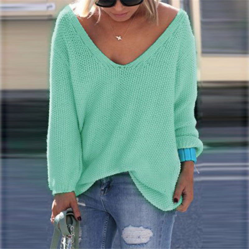 V-neck Loose Knit Pure Color Pullover Sweater - Oh Yours Fashion - 6