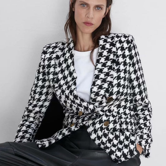 Double Breasted Blazers Women Fashion Houndstooth Casual Jackets Women Elegant Long Sleeve Blazer