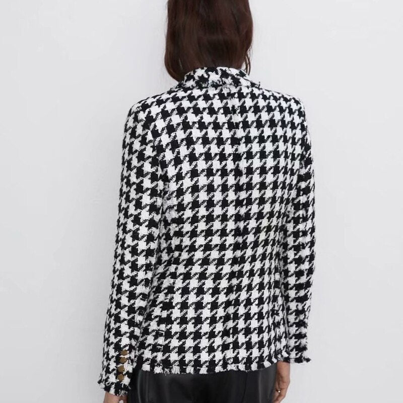 Double Breasted Blazers Women Fashion Houndstooth Casual Jackets Women Elegant Long Sleeve Blazer