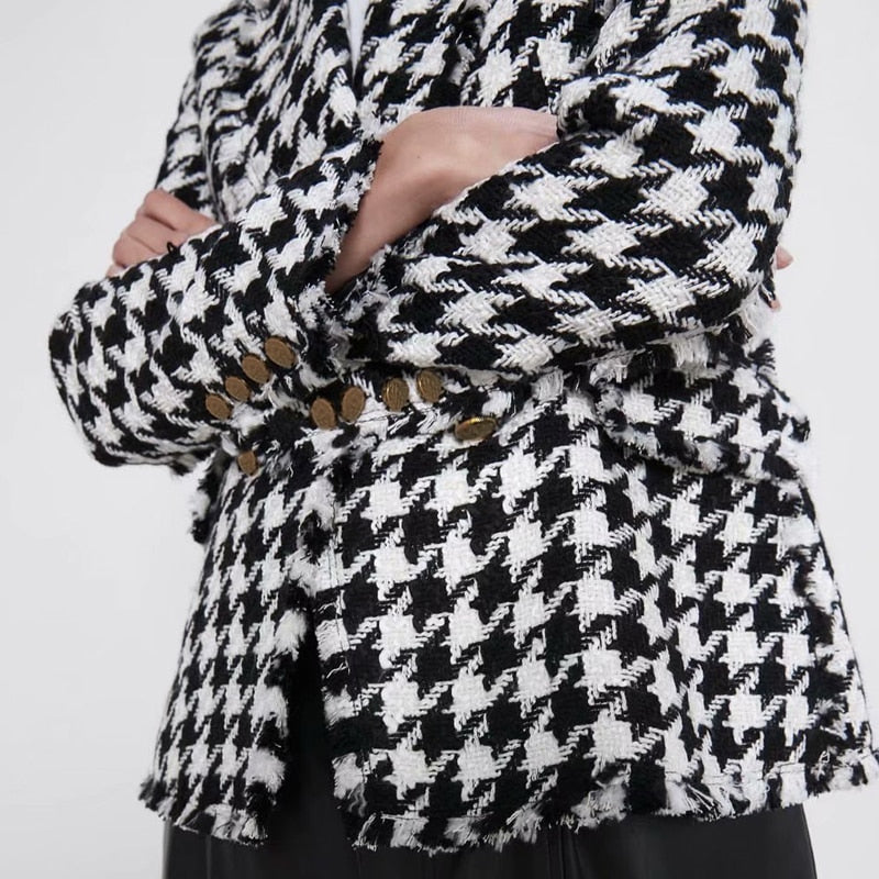 Double Breasted Blazers Women Fashion Houndstooth Casual Jackets Women Elegant Long Sleeve Blazer