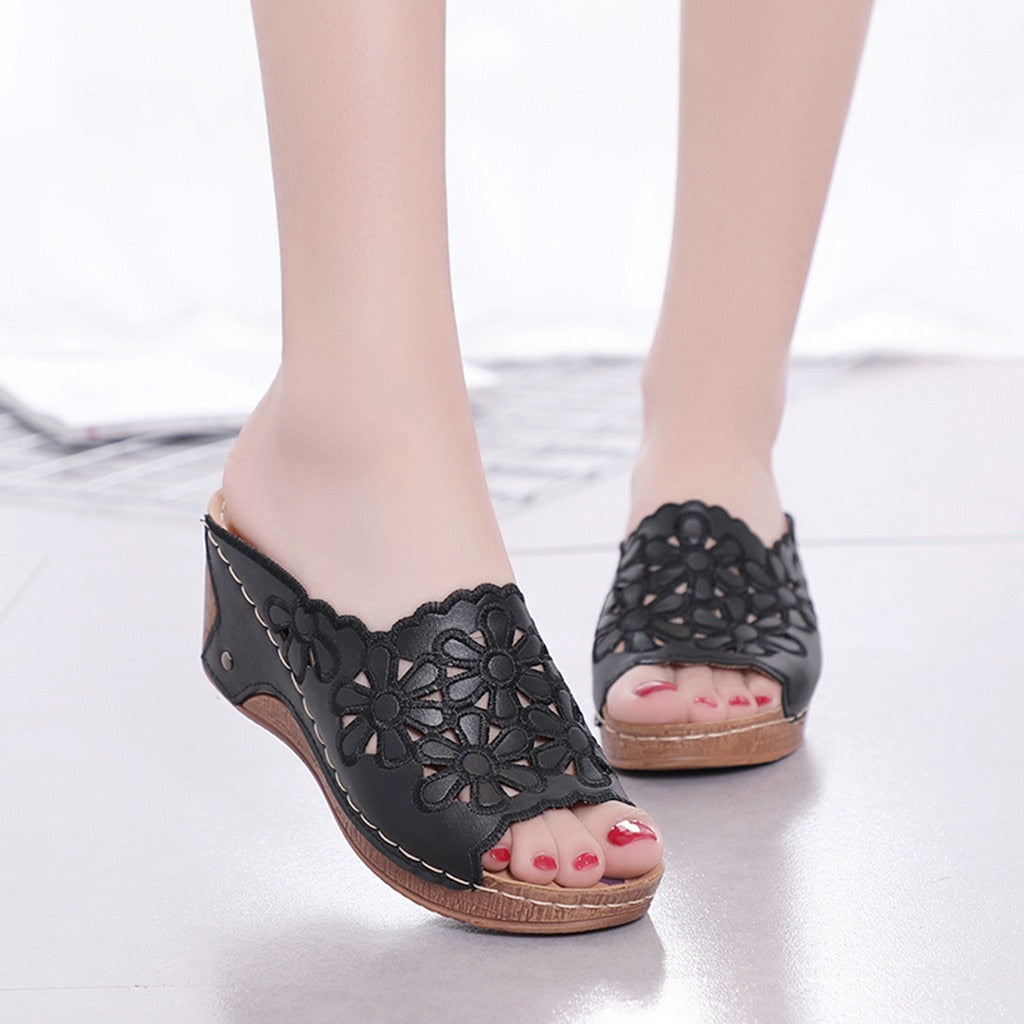 Leather Hollow Out Peep Toe Slippers 