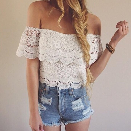 Lace Crochet Off-Shoulder Tee Shirt Blouse - MeetYoursFashion - 1