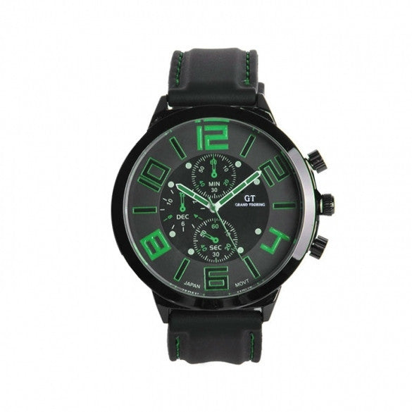 Men Sport Round Dial Quartz Black Rubber Strap Wrist Watch Large Display