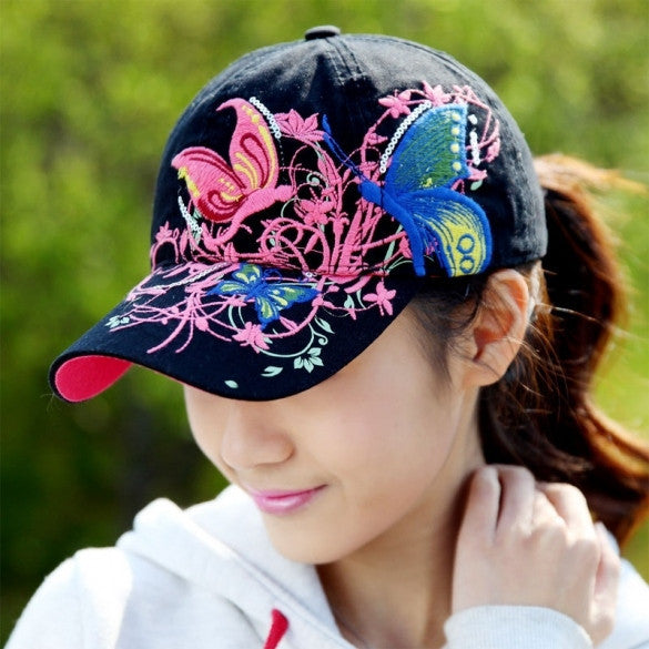 High Quality New Womens Embroidered Flowers Butterflies Baseball Sport Fashion