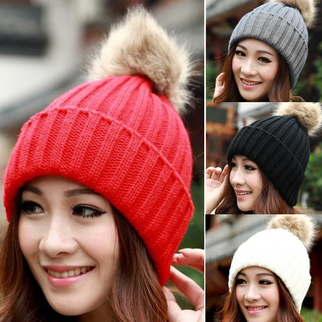 New Women's Knit Cap Beanie Hat With Fur Winter Slouch Elastic