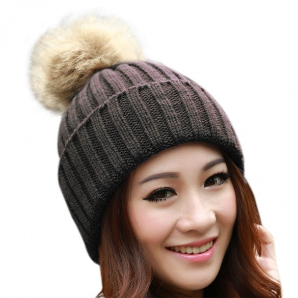 New Women's Knit Cap Beanie Hat With Fur Winter Slouch Elastic