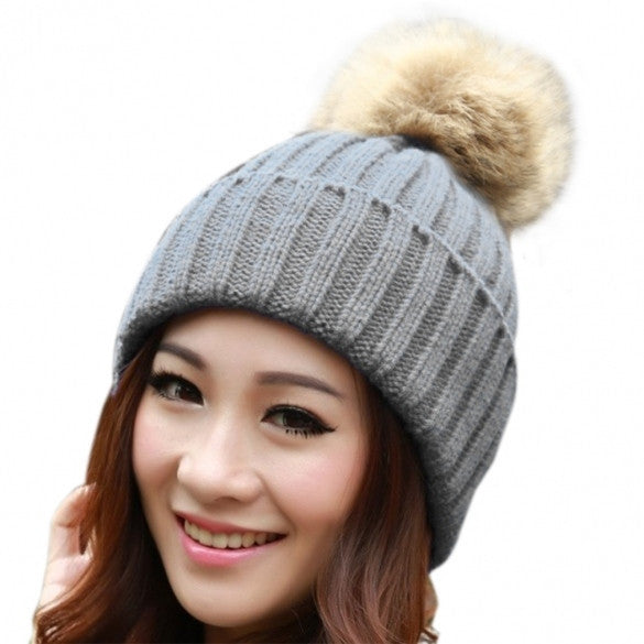 New Women's Knit Cap Beanie Hat With Fur Winter Slouch Elastic