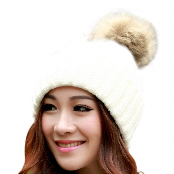 New Women's Knit Cap Beanie Hat With Fur Winter Slouch Elastic