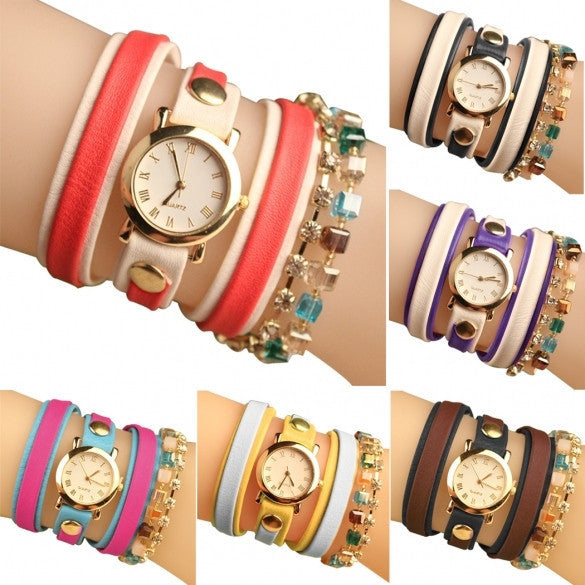 Fashion Wrap Around Rhinestone Chain Synthetic Leather Bracelet Quartz Wrist Watch - May Your Fashion - 3