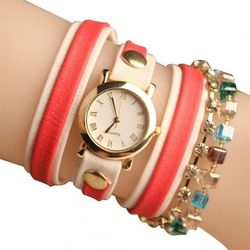 Fashion Wrap Around Rhinestone Chain Synthetic Leather Bracelet Quartz Wrist Watch - May Your Fashion - 1