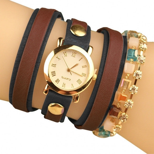Fashion Wrap Around Rhinestone Chain Synthetic Leather Bracelet Quartz Wrist Watch - May Your Fashion - 5