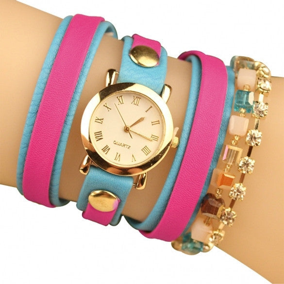 Fashion Wrap Around Rhinestone Chain Synthetic Leather Bracelet Quartz Wrist Watch - May Your Fashion - 2