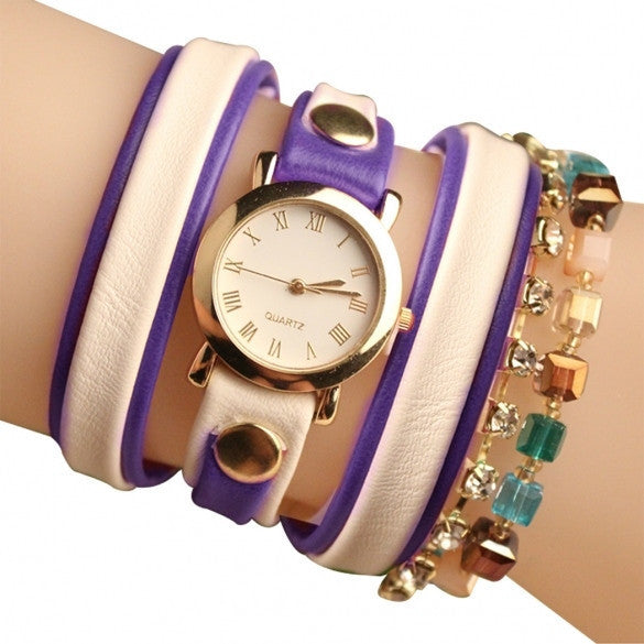 Fashion Wrap Around Rhinestone Chain Synthetic Leather Bracelet Quartz Wrist Watch - May Your Fashion - 4