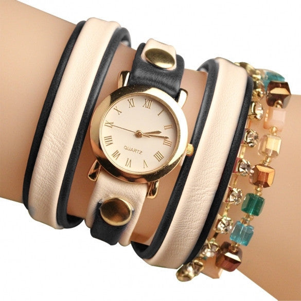 Fashion Wrap Around Rhinestone Chain Synthetic Leather Bracelet Quartz Wrist Watch - May Your Fashion - 6
