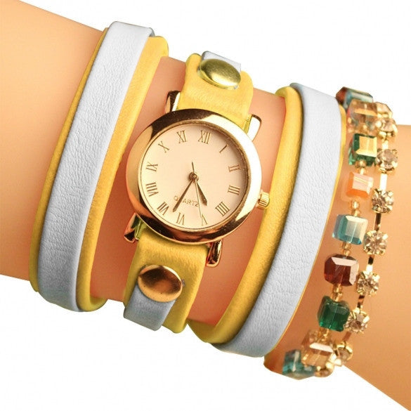 Fashion Wrap Around Rhinestone Chain Synthetic Leather Bracelet Quartz Wrist Watch - May Your Fashion - 7