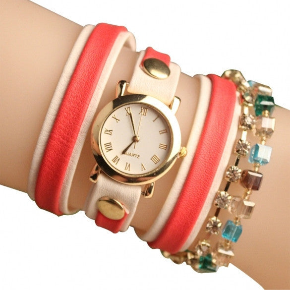 Fashion Wrap Around Rhinestone Chain Synthetic Leather Bracelet Quartz Wrist Watch - May Your Fashion - 8