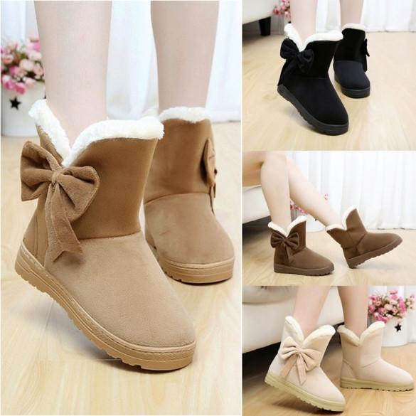 High Quality Women Winter Snow Boots Warm Flat Heel Solid Bowknot Snow Boots Ankle Platform Mid Shoes