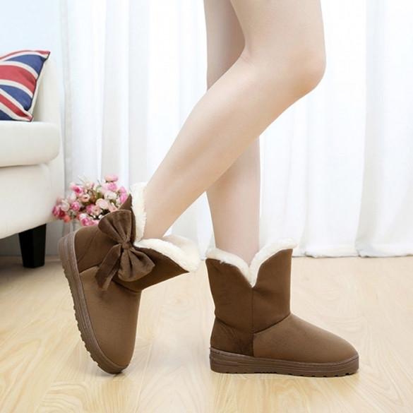 High Quality Women Winter Snow Boots Warm Flat Heel Solid Bowknot Snow Boots Ankle Platform Mid Shoes