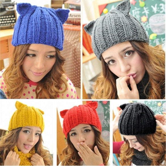 New Korean Women's  Winter Warm Hat Devil Horn Knitted Hats Cat Ears Knitting Caps Female Hat Accessories