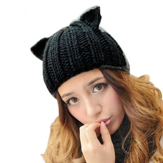 New Korean Women's  Winter Warm Hat Devil Horn Knitted Hats Cat Ears Knitting Caps Female Hat Accessories