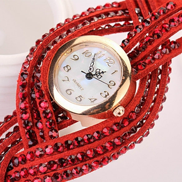 Women Vintage Round Dial Rhinestone Weave Wrap Synthetic Leather Bracelet Wrist Watch Watches