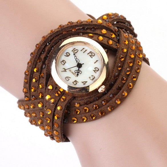 Women Vintage Round Dial Rhinestone Weave Wrap Synthetic Leather Bracelet Wrist Watch Watches