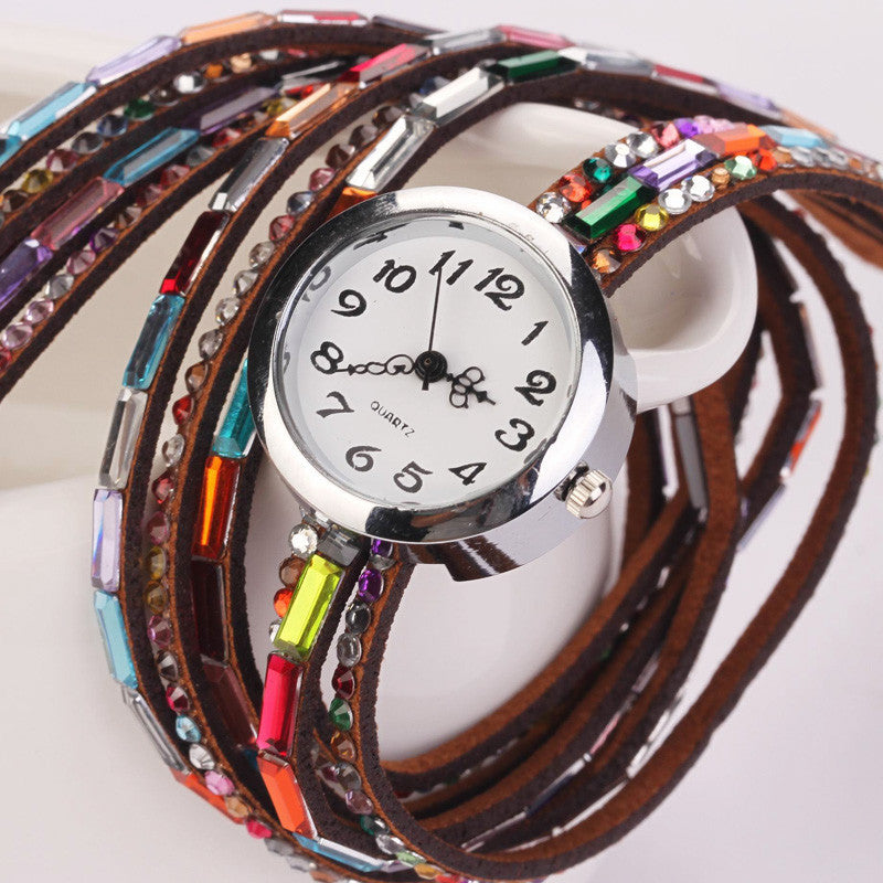 Hot Fashion Women Retro Beads Synthetic Leather Strap Watch Bracelet Wristwatch - May Your Fashion - 11