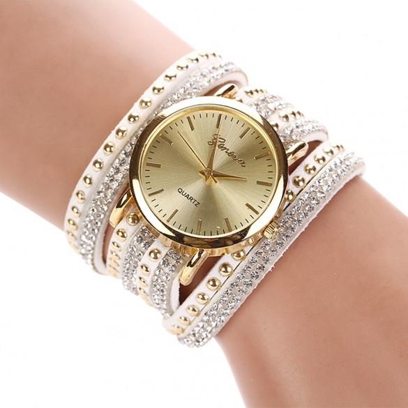 New Fashion Rhinestone Rivet Circle Belt Synthetic Leather Bracelet Watch Wrist Watch