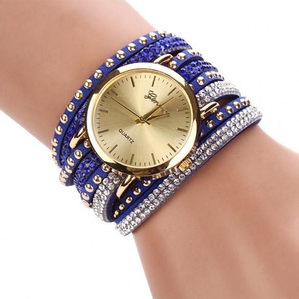 New Fashion Rhinestone Rivet Circle Belt Synthetic Leather Bracelet Watch Wrist Watch