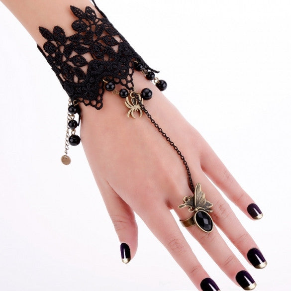 Hot Fashion Women Black Lace Flower Bracelets With Ring Butterfly Tassels Beads