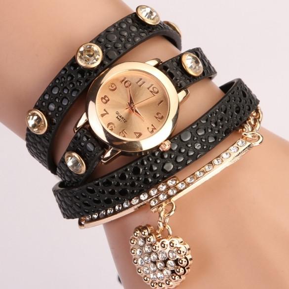 Fashion Women Casual Watches Crystal Faux Leather Strap Long Chain Quartz Watches