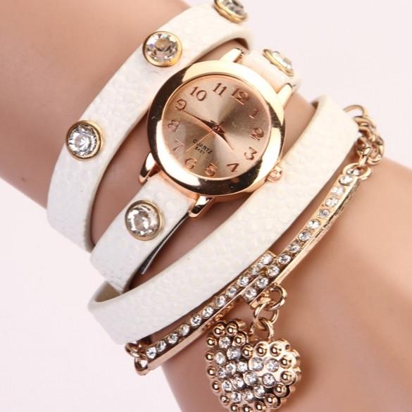 Fashion Women Casual Watches Crystal Faux Leather Strap Long Chain Quartz Watches