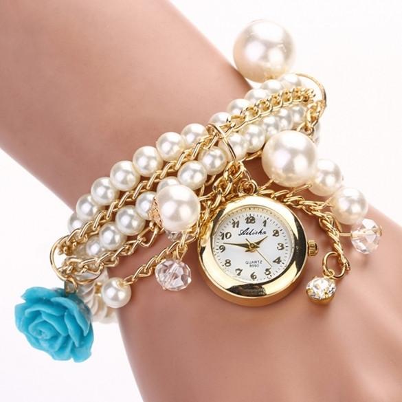 Hot Sell Women Rose Flower Faux Pearl Round Dial Quartz Bracelet Wrist Watch