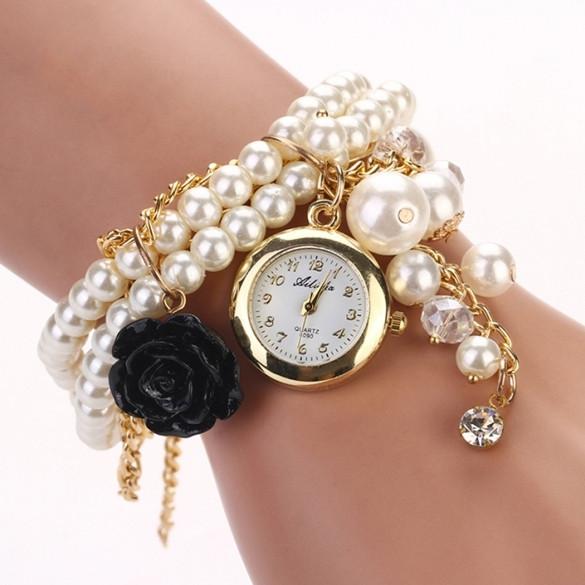 Hot Sell Women Rose Flower Faux Pearl Round Dial Quartz Bracelet Wrist Watch