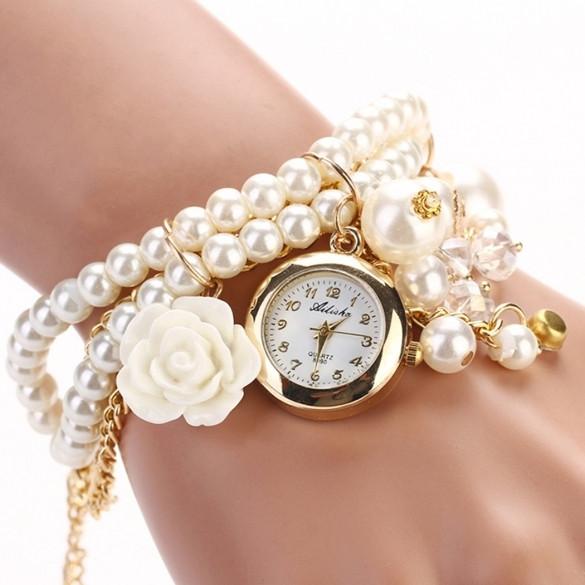 Hot Sell Women Rose Flower Faux Pearl Round Dial Quartz Bracelet Wrist Watch