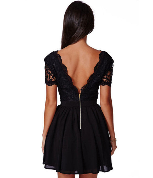 Deep V-neck V-back Backless Lace Little Black Dress - May Your Fashion - 4