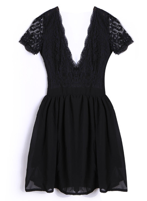 Deep V-neck V-back Backless Lace Little Black Dress - May Your Fashion - 6