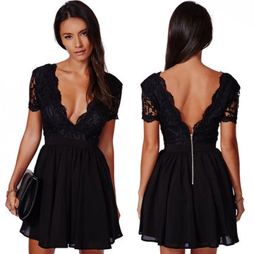 Deep V-neck V-back Backless Lace Little Black Dress - May Your Fashion - 1