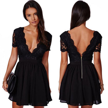 Free Shipping Deep V-neck V-back Backless Lace Little Black Dress