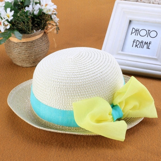 Fashion Children Kids Girl's Summer Beach Hats Big Bow Wide Brim Sun Beach Patchwork Straw Cap