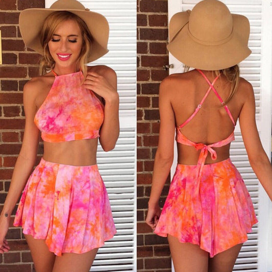 Print Backless Crop Top with Shorts Two Pieces Dress Set - May Your Fashion - 1